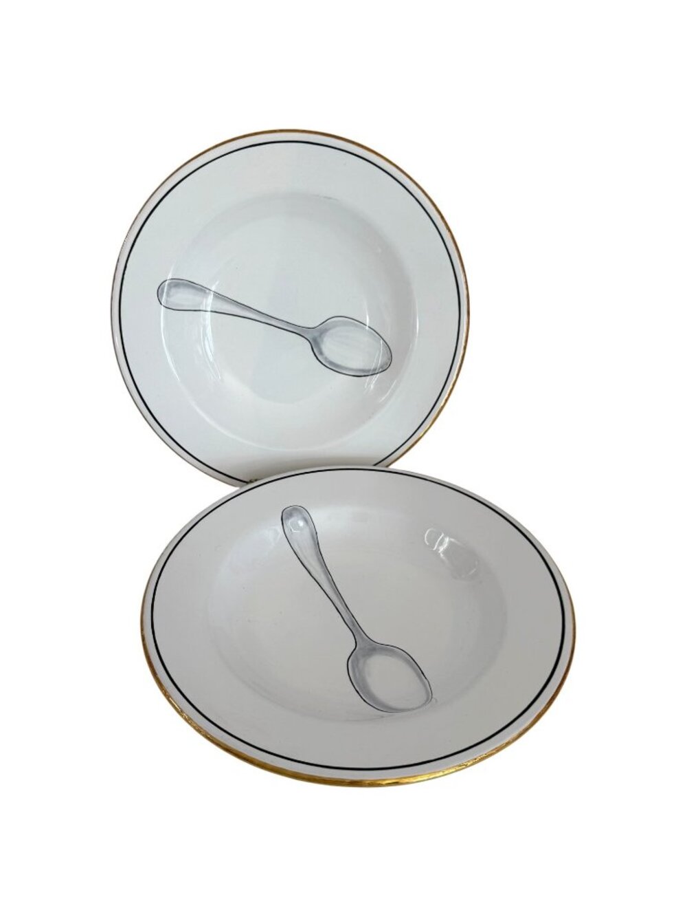 2 Peri Wolfman Posata Deruta Salad Soup Bowls Spoon Print Gold Rim Made In Italy